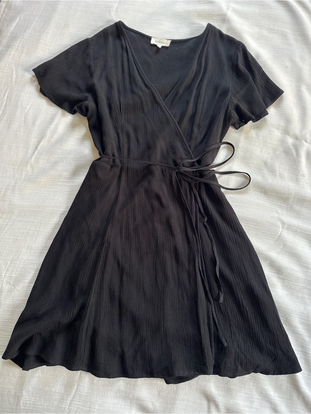 Bohme Short Sleeve Black Textured Mini Wrap Dress | M NWOT